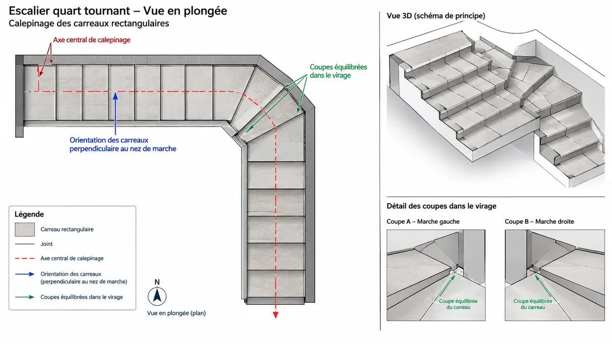Calepinage du carrelage sur un escalier quart tournant avec axe central et coupes équilibrées dans le virage