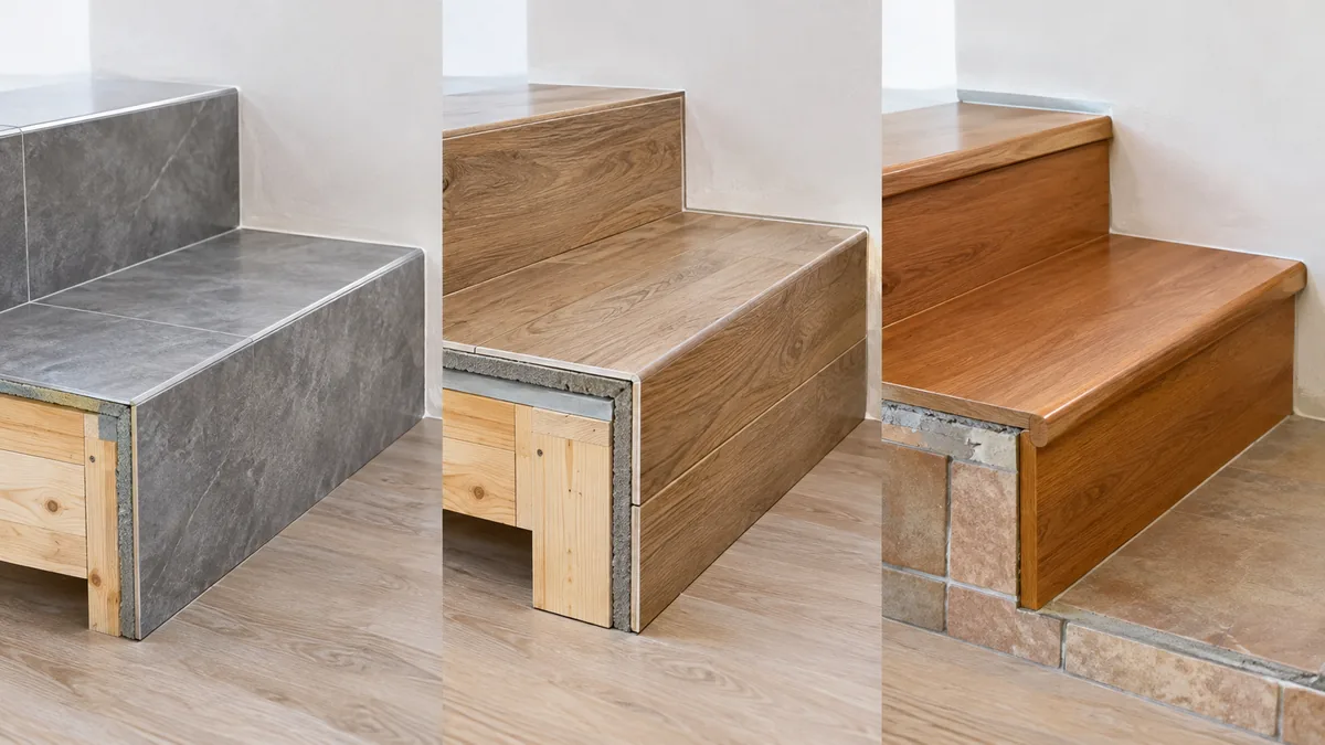 Marches d'escalier en bois avec panneau support et revêtement en carrelage en coupe