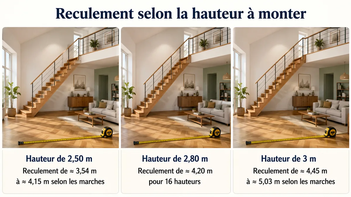 Mesure au mètre ruban du reculement d'un escalier droit selon trois hauteurs à monter
