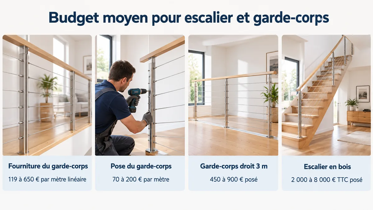 Escalier en bois et garde-corps inox à câbles accompagnés des prix de fourniture et de pose
