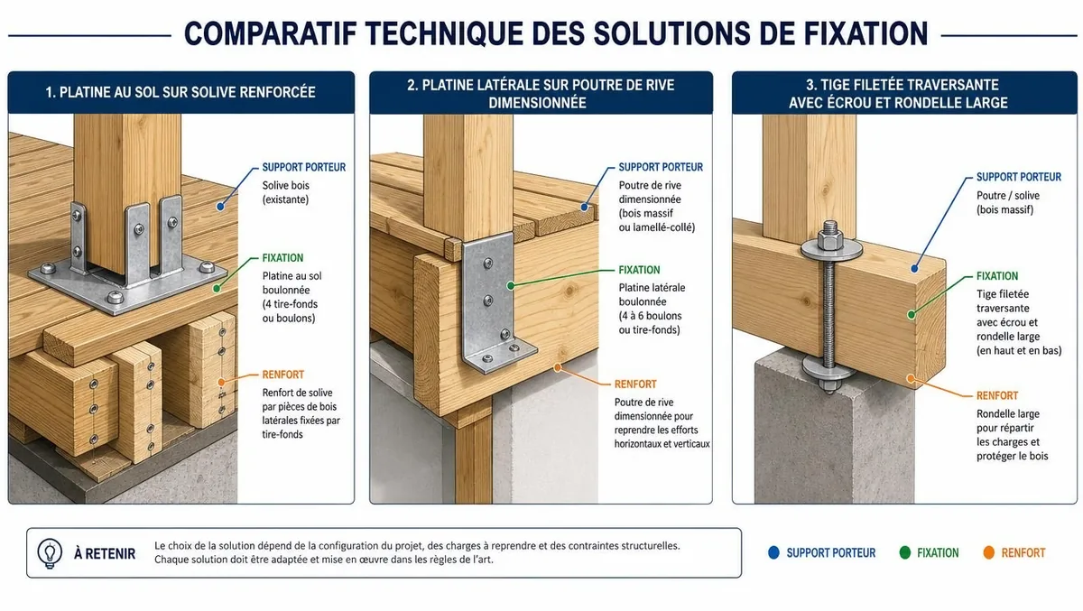 Comparatif technique de trois solutions de fixation de garde-corps sur une terrasse en bois