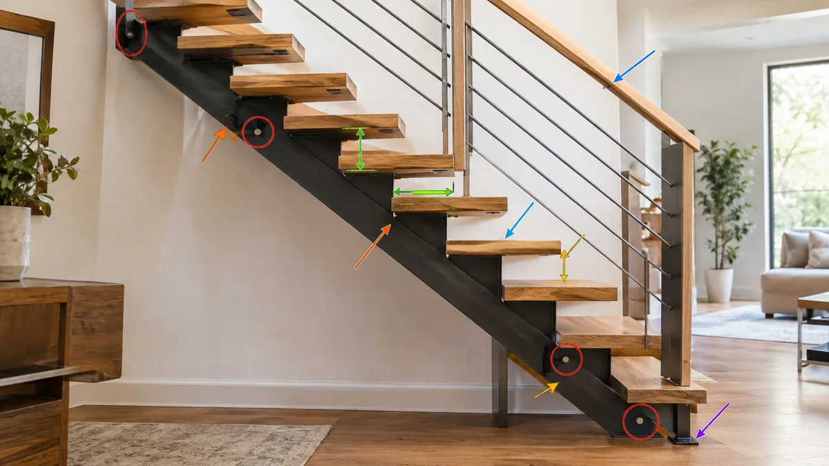 Escalier en bois sans contremarche avec repères de contrôle sur les marches, le limon et les fixations