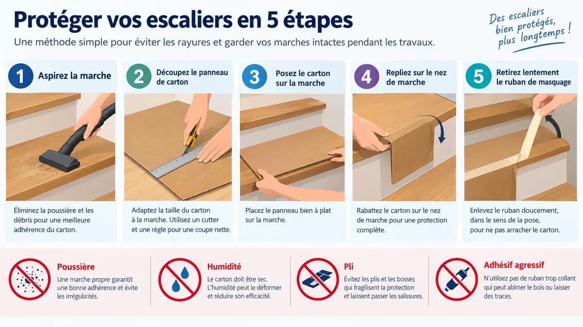 Étapes de pose d'une protection sur escalier bois