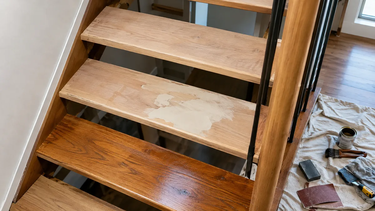 Marches d'escalier en bois sans contremarche poncées, mastiquées et vernies avec matériel de rénovation au sol