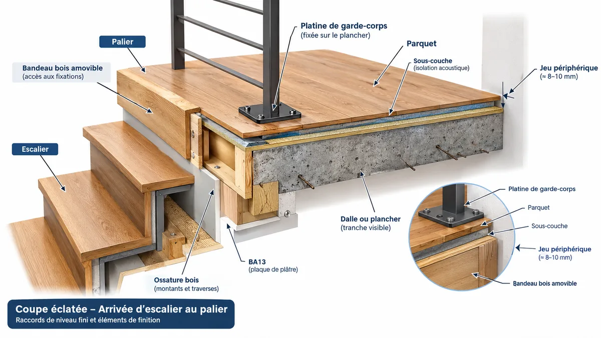 Coupe éclatée d'une arrivée d'escalier au palier montrant l'habillage, le parquet et la structure bois