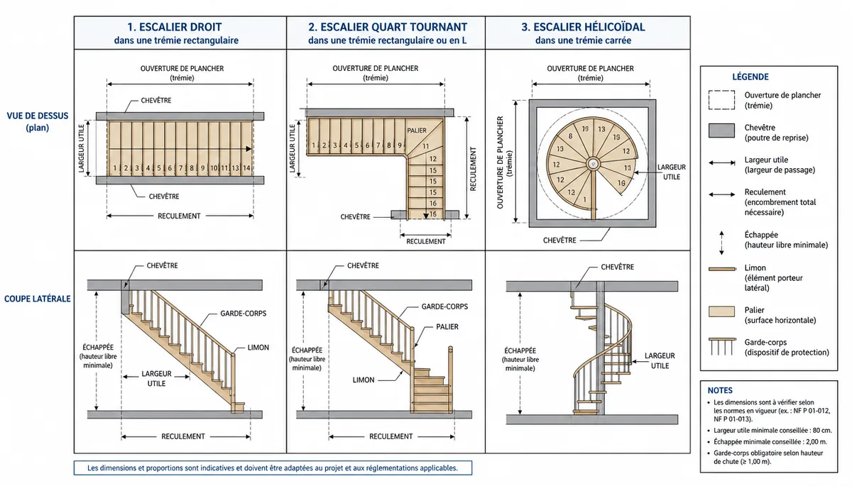 Plans et coupes latérales de trois types d'escaliers et leurs trémies : droit, quart tournant et hélicoïdal