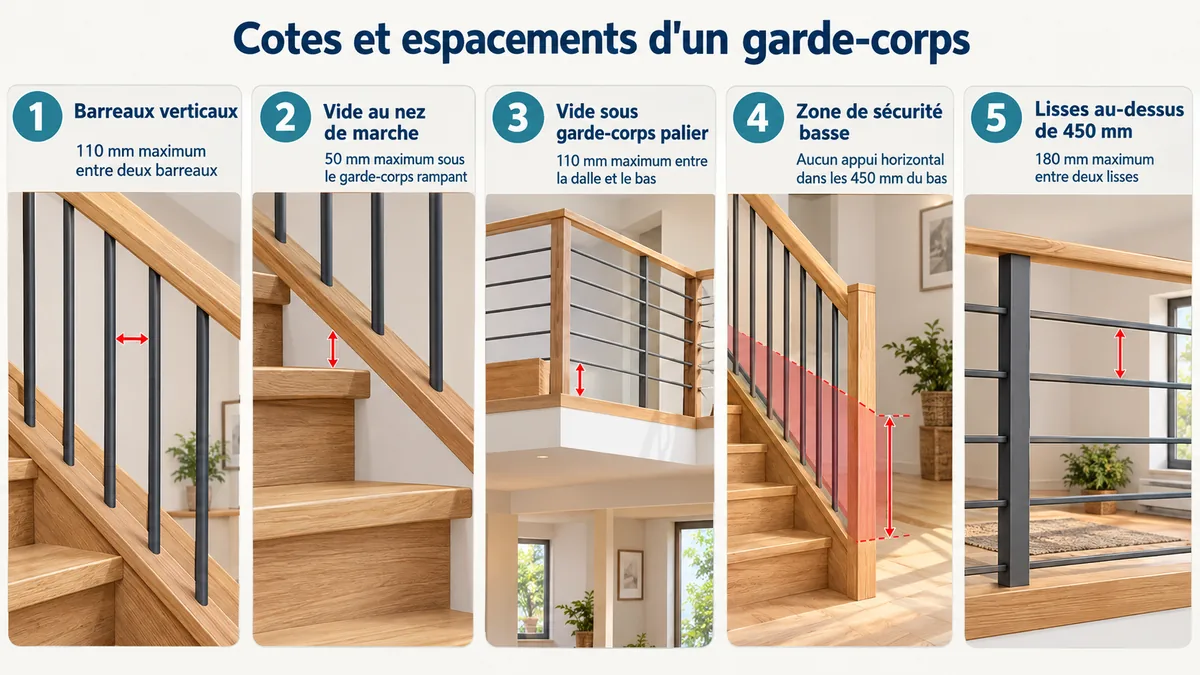 Garde-corps d'escalier et de palier avec indications des cotes et espacements de sécurité réglementaires