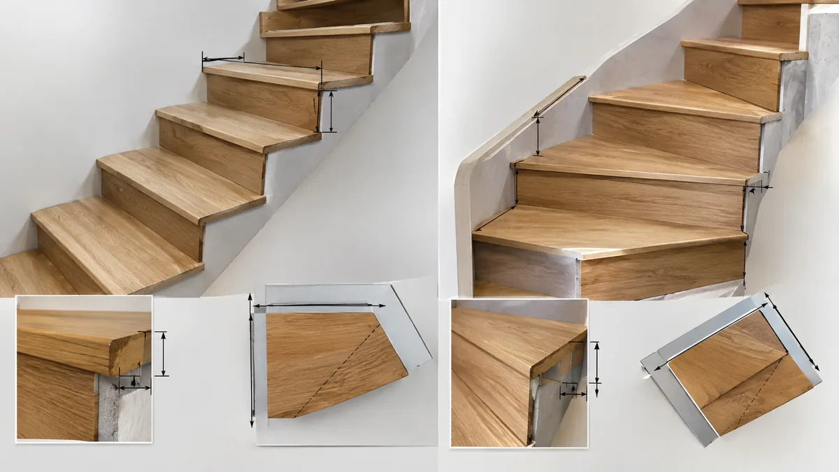 Prise de cotes sur les marches, contremarches et nez de marche d'un escalier en bois à rénover