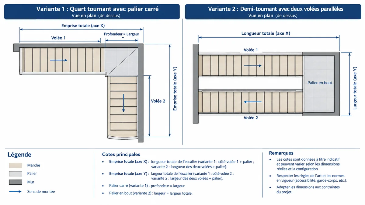 Plans d'un escalier quart tournant et d'un escalier demi-tournant avec emprise et axes X et Y