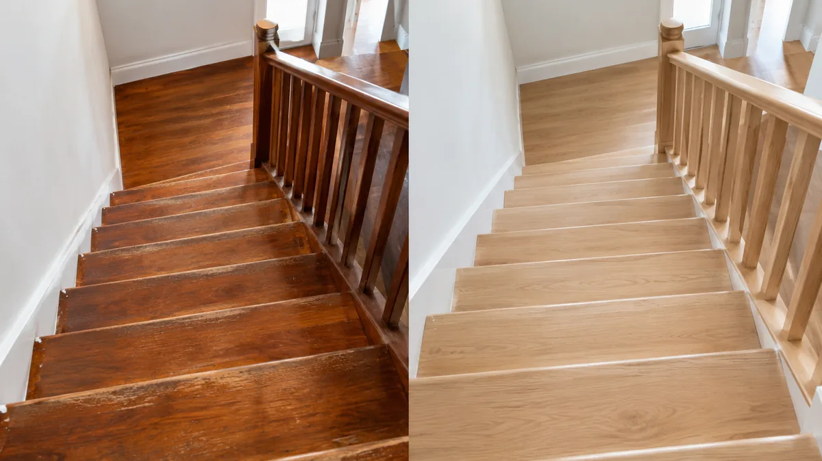 Avant/après de la rénovation d'un escalier intérieur en bois avec pose de couvre-marches claires