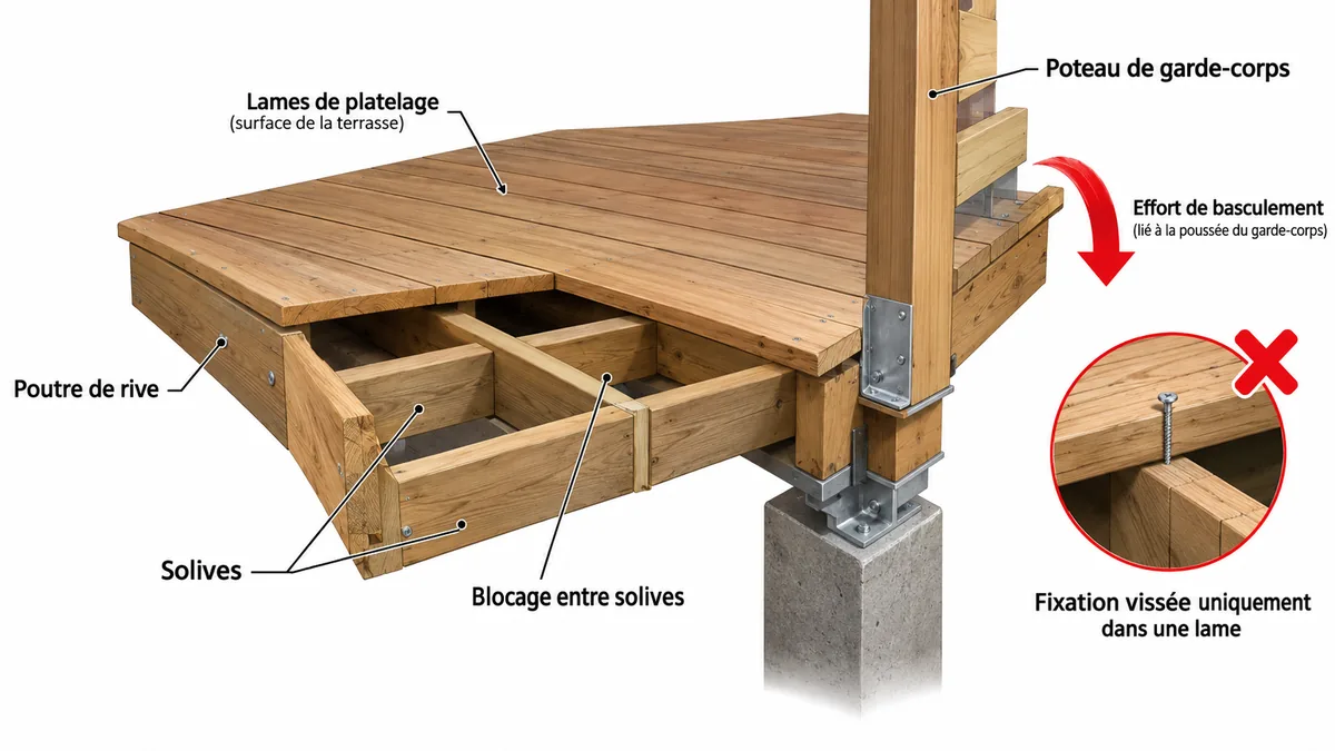 Coupe d'une terrasse en bois montrant ses solives, sa poutre de rive et un poteau de garde-corps