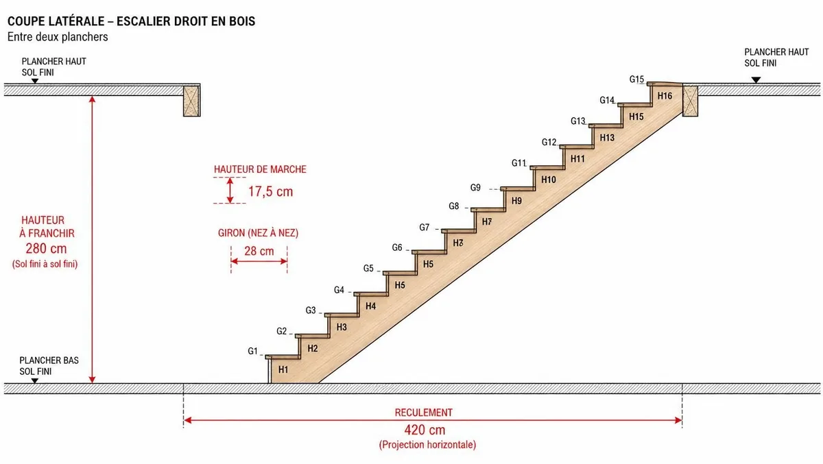 Coupe latérale d'un escalier droit en bois montrant le reculement de 420 cm entre deux planchers