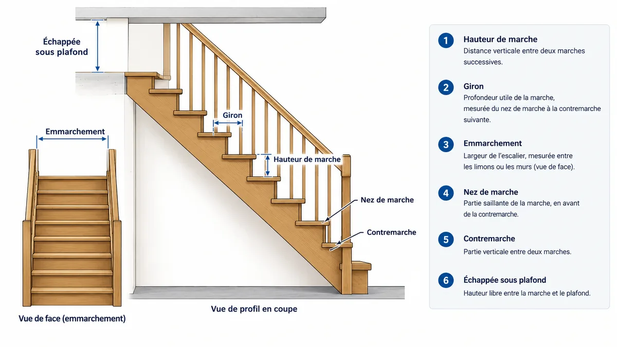Schéma des cotes principales d'une marche d'escalier