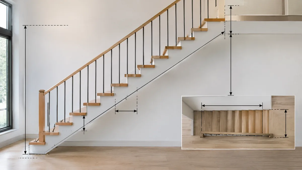 Escalier droit en bois avec flèches de mesure indiquant les dimensions des marches, de la hauteur et de la trémie