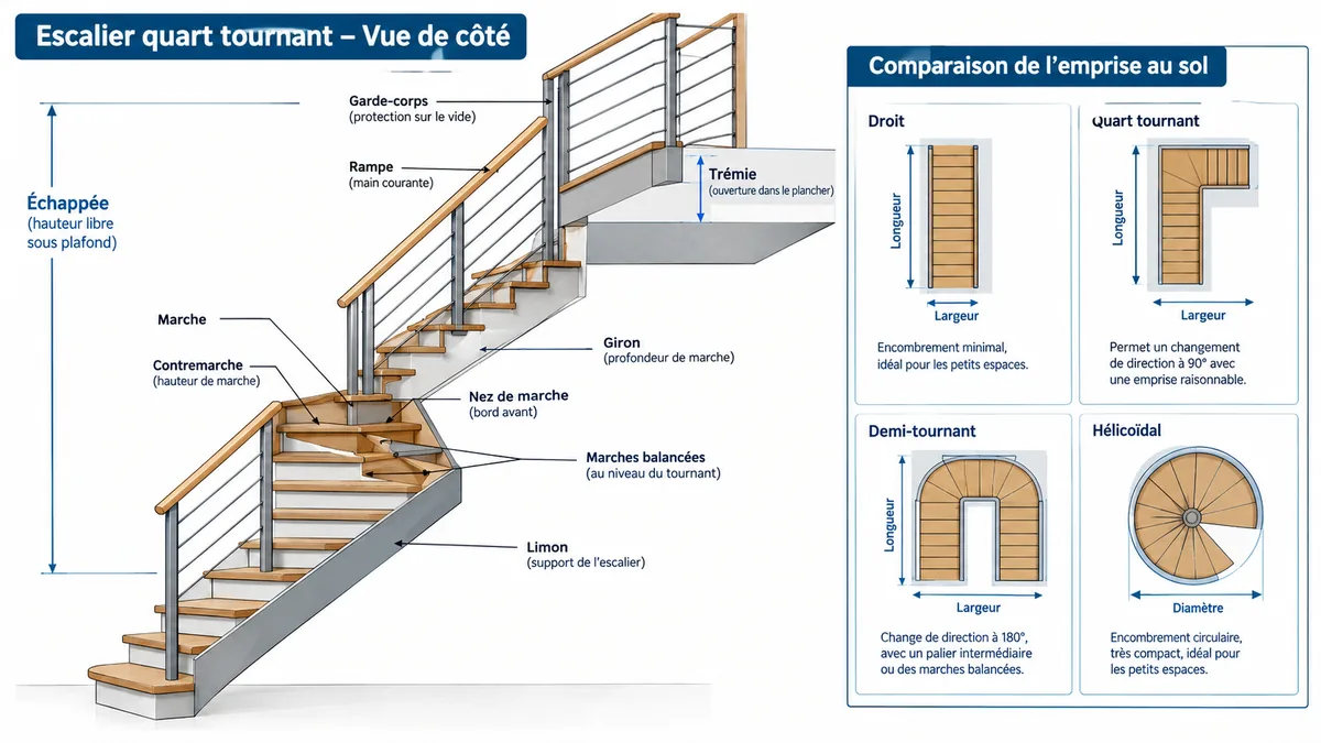 Coupe latérale d'un escalier quart tournant en bois montrant ses marches, sa trémie et son emprise au sol