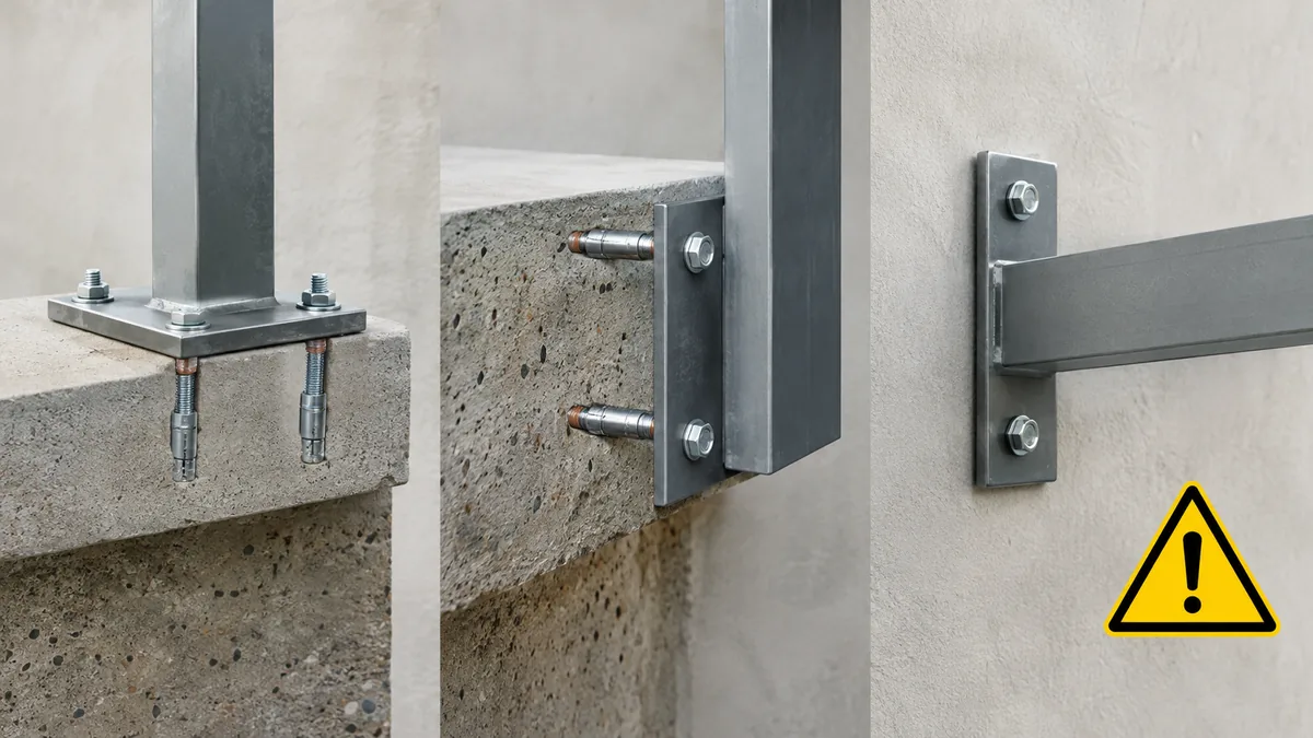 Fixation d'un garde-corps sur un muret en béton par ancrage sur platine et en applique latérale