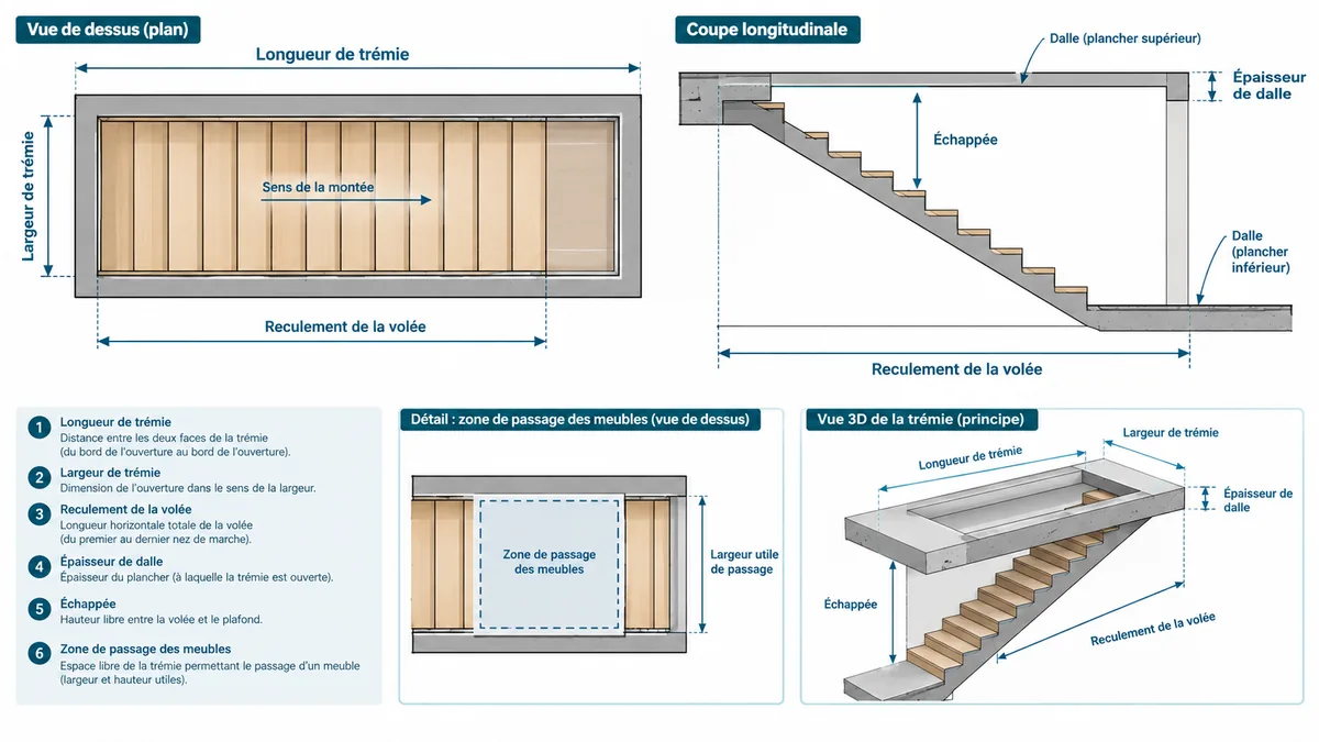 Dimensions d'un escalier droit avec longueur de trémie, échappée, épaisseur de dalle et reculement de la volée