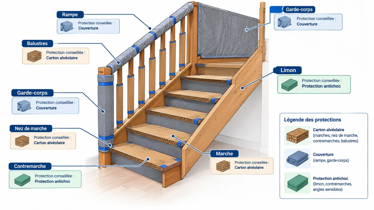 Zones d'un escalier bois à protéger pendant travaux